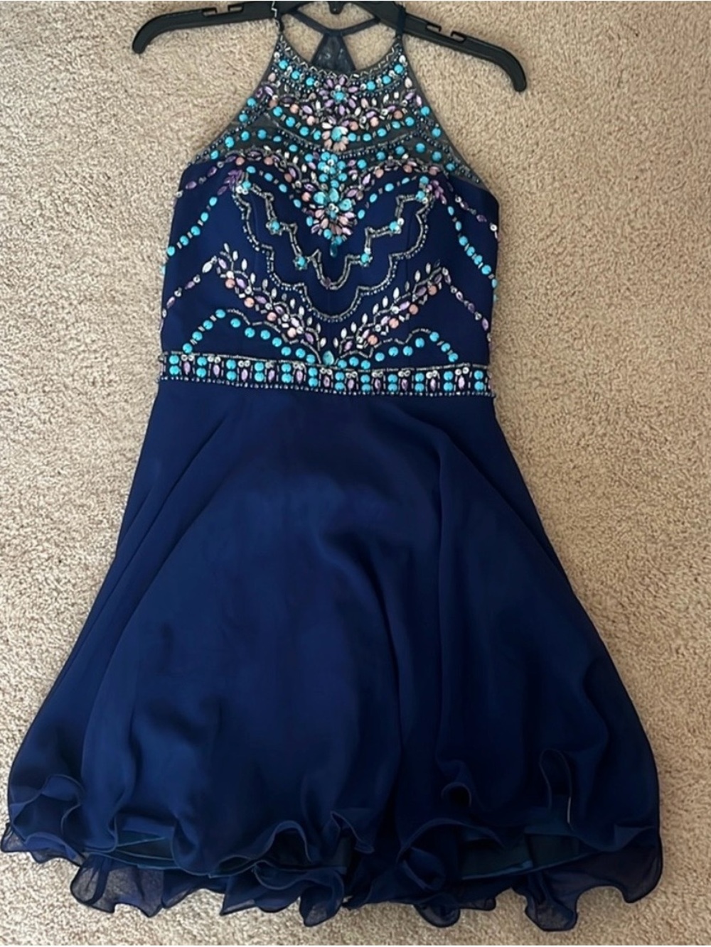 Beaded Navy Halter A-Line Prom Dress